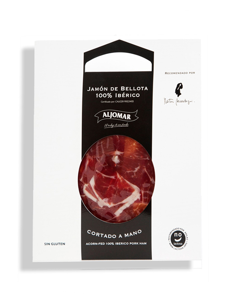 PLATO DE JAMÓN DE BELLOTA 100% RAZA IBÉRICA ALJOMAR. MARTÍN BERASATEGUI CORTADO A CUCHILLO 100gr