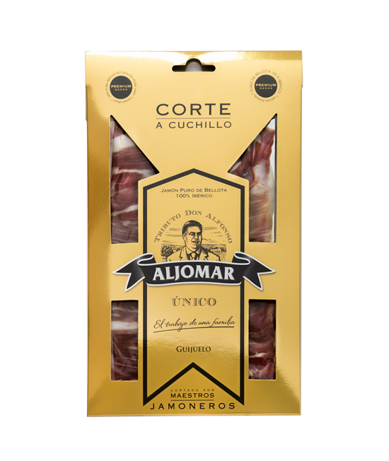 SOBRE JAMÓN DE BELLOTA TRIBUTO DON ALFONSO 100% RAZA IBÉRICA CORTADO A CUCHILLO COMPRAR ONLINE IBÉRICOS DE CALIDAD
