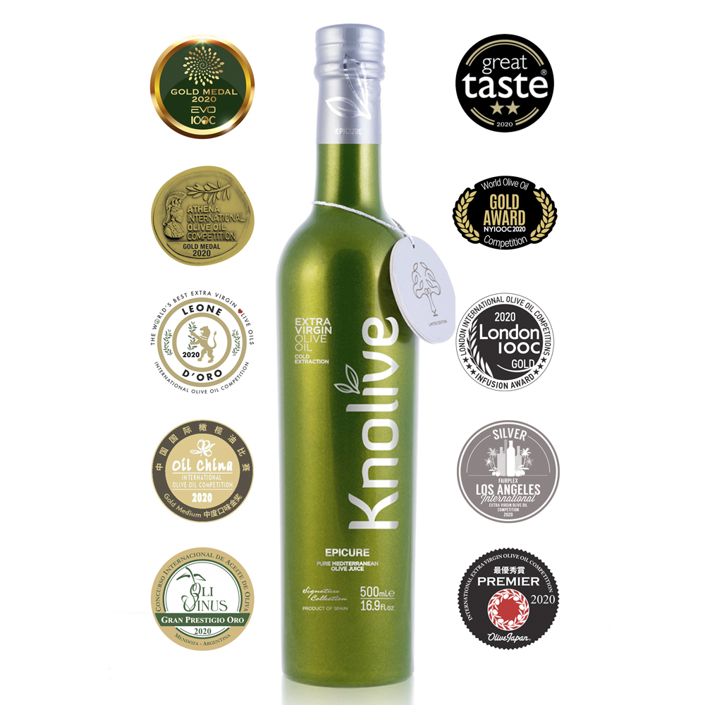 KNOLIVE EPICURE. EL AOVE MÁS PREMIADO DEL MUNDO. (Córdoba). Botella de cristal de 500 ml.