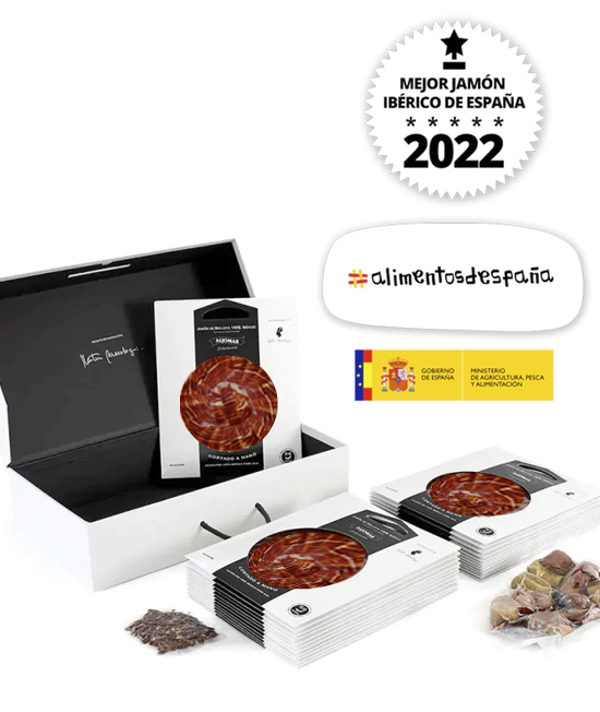 COMPRAR JAMON IBÉRICO ONLINE LA FAVORITA SALAMANCA. ESTUCHE MARTÍN BERASATEGUI. JAMÓN DE BELLOTA 100% IBÉRICO, CORTE A CUCHILLO. MEJOR JAMÓN DE ESPAÑA 2022. 25 sobres de 100gr., huesos, picadillo y tocino.